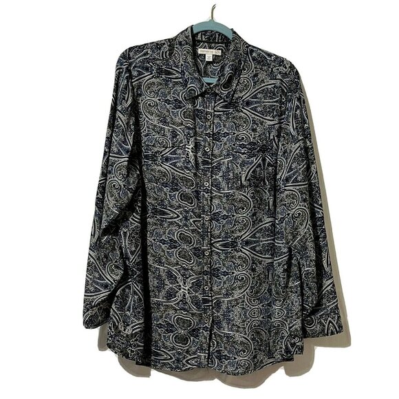 Westport 1962 Womens Black White Blue Paisley Button-Down Long Sleeve Shirt 2X - Picture 1 of 9